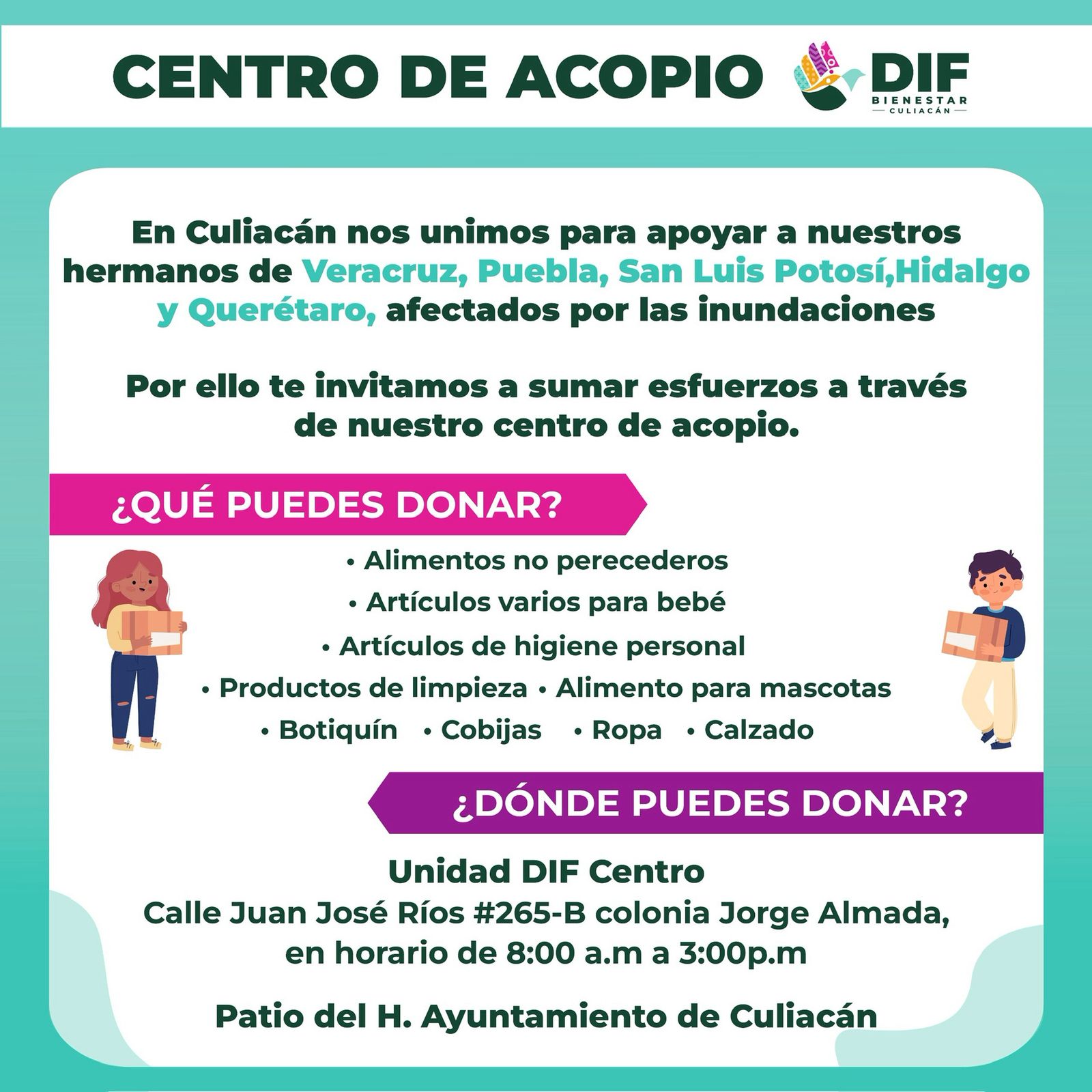 Habilita DIF Culiacán centros de acopio para apoyar a familias ...